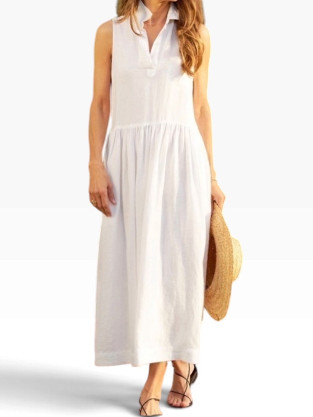 Frank & Eileen White Linen "Daphne" Sleeveless Maxi Dress with V-Neck M